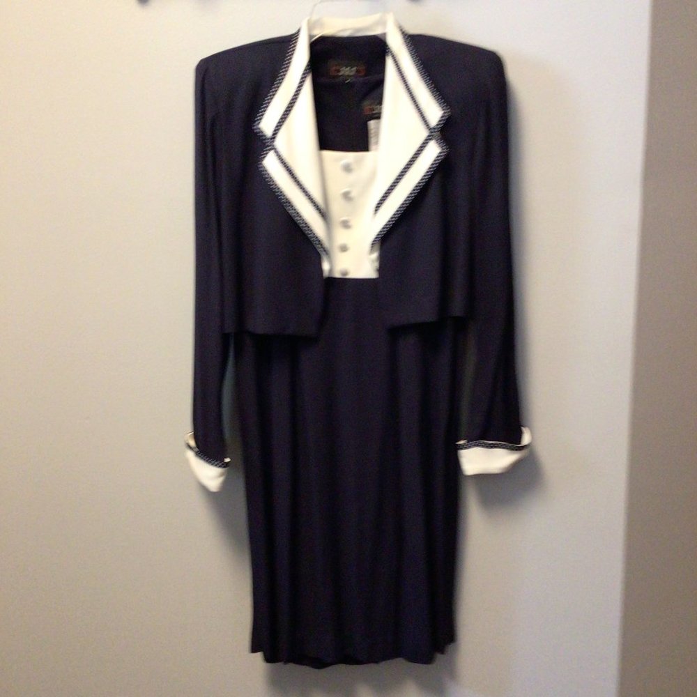 J.S.J. Petites Navy Blue sleeveless dress w/matching jacket w/white trim - Picture 1 of 11